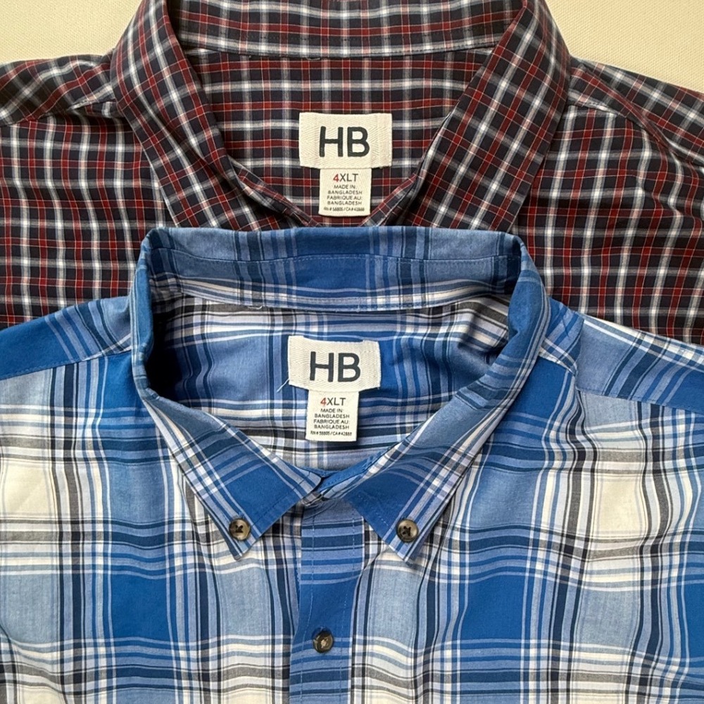 HB Harbor Bay Mens 4XLT Plaid Button Down Shirt Bundle Blue Burgundy 2 Pack‎ Lot